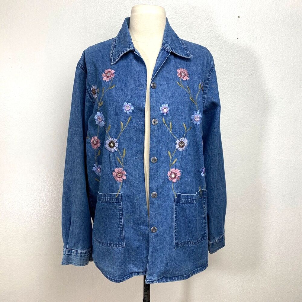 Vtg Agapo Chore Jacket Blouse Top Large Petite Denim Floral Embroidery Country